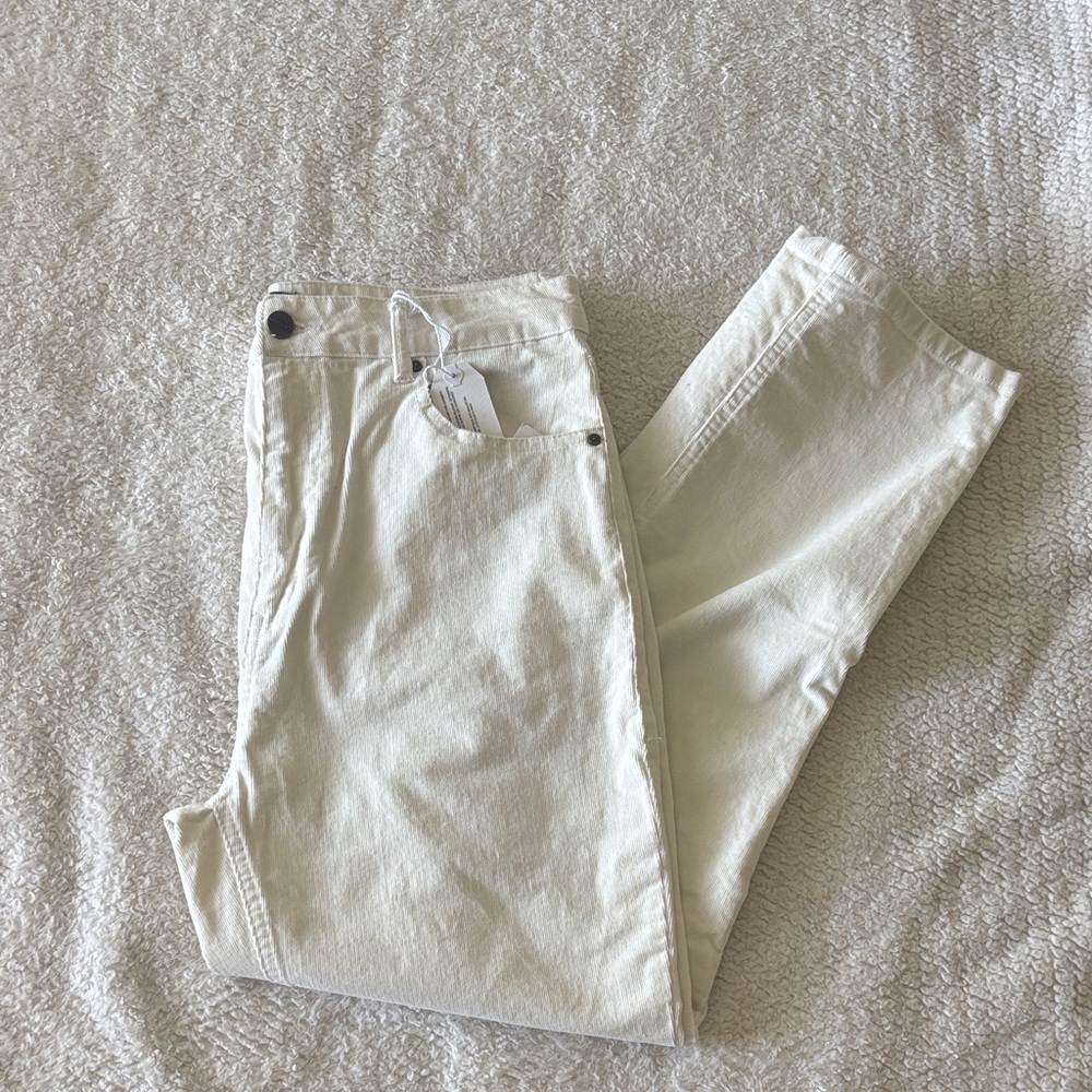 Women's cream corduroy pants.  High rise, Straight leg.